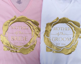 Mother of the Bride Mother of the Groom V-Neck T-Shirts with Floral Rose Design and Custom Established Date
