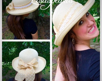 Ladies straw hat . Ribbon hat with pearls . Sun decorative hat . Very feminine girls sun hat . One size fits most