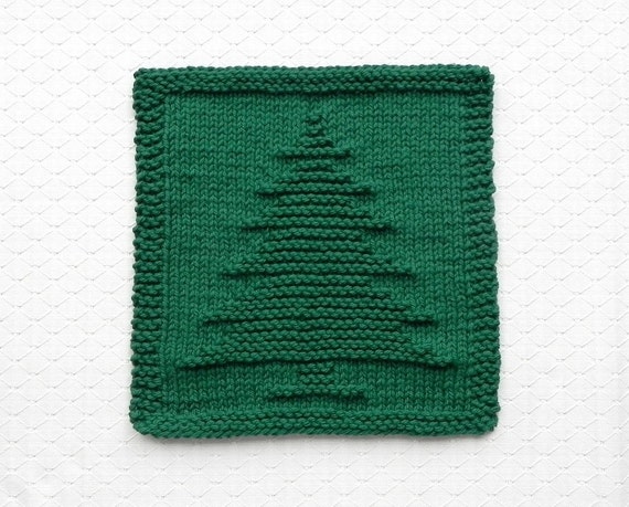 CHRISTMAS TREE Knit Dishcloth Forest Green 100% Cotton Hand