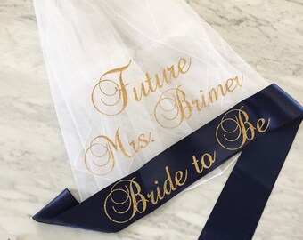 bachelorette party sash and veil set, bachelorette veil, bride to be sash, future mrs veil, personalized veil, mint and gold glitter sash