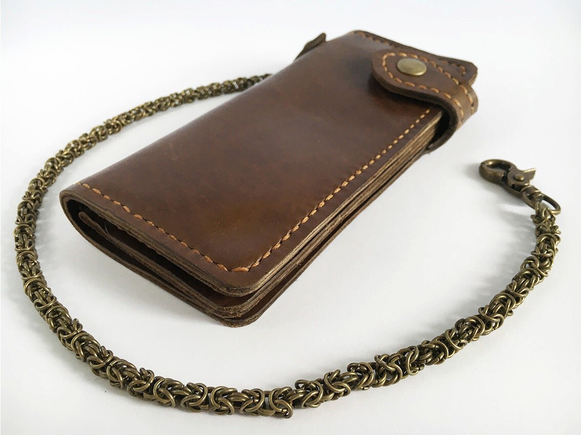 Leather biker wallet dark brown Long leather chain wallet