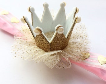 First Birthday Crown Headband - Princess Birthday Photo Prop - Gold Crown Head Band - Gold Heart Headband - Gold Glitter Crown Headband