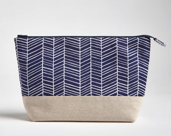 Makeup Bag with Waterproof Lining, Navy Blue Herringbone by Made on Main VT