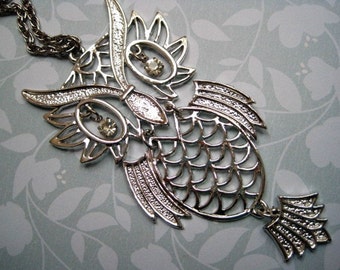 Vintage Articulated Owl Pendant Silver Tone Rhinestone Eyes