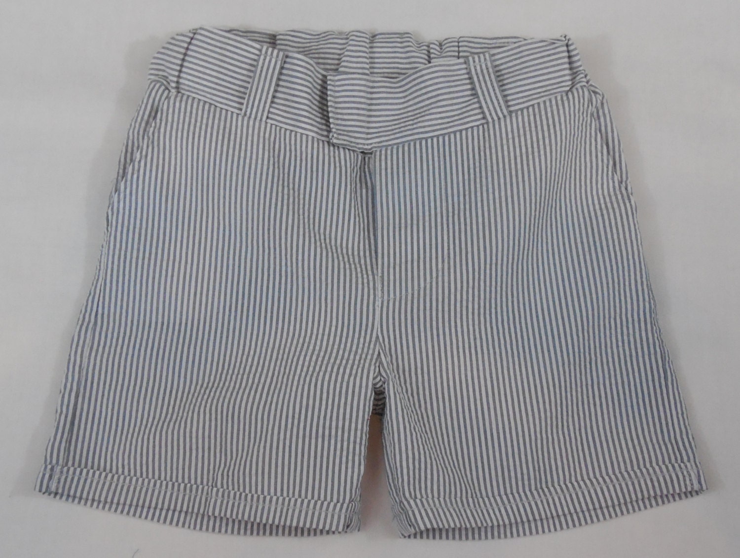 Gray and white or Navy and white stripe boys seersucker shorts