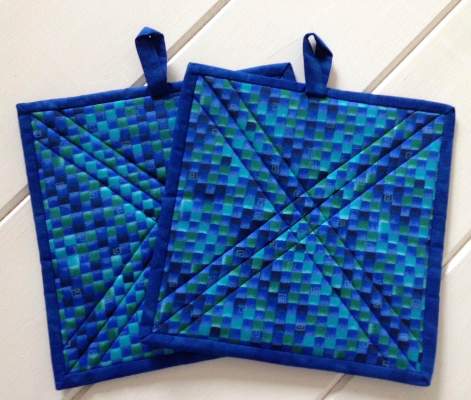 Fabric Potholders Set of two quilted potholders in shades of