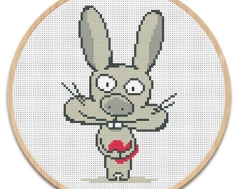Instant download. Cross stitch pattern. Funny bunny with heart. PDF chart. Embroidery scheme