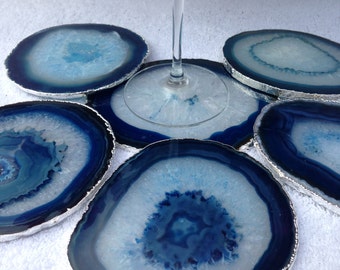 Agate Geode, Coaster,Blue,Agate Slice,Large, Blue Agate,Druzy,Geode Stone,Silver,Coasters, 4.5", Brazilian,Stone ,with Felt Pad Bumpers