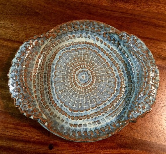 Handbuilt lace impressed pottery serving dish by PotteryTherapy