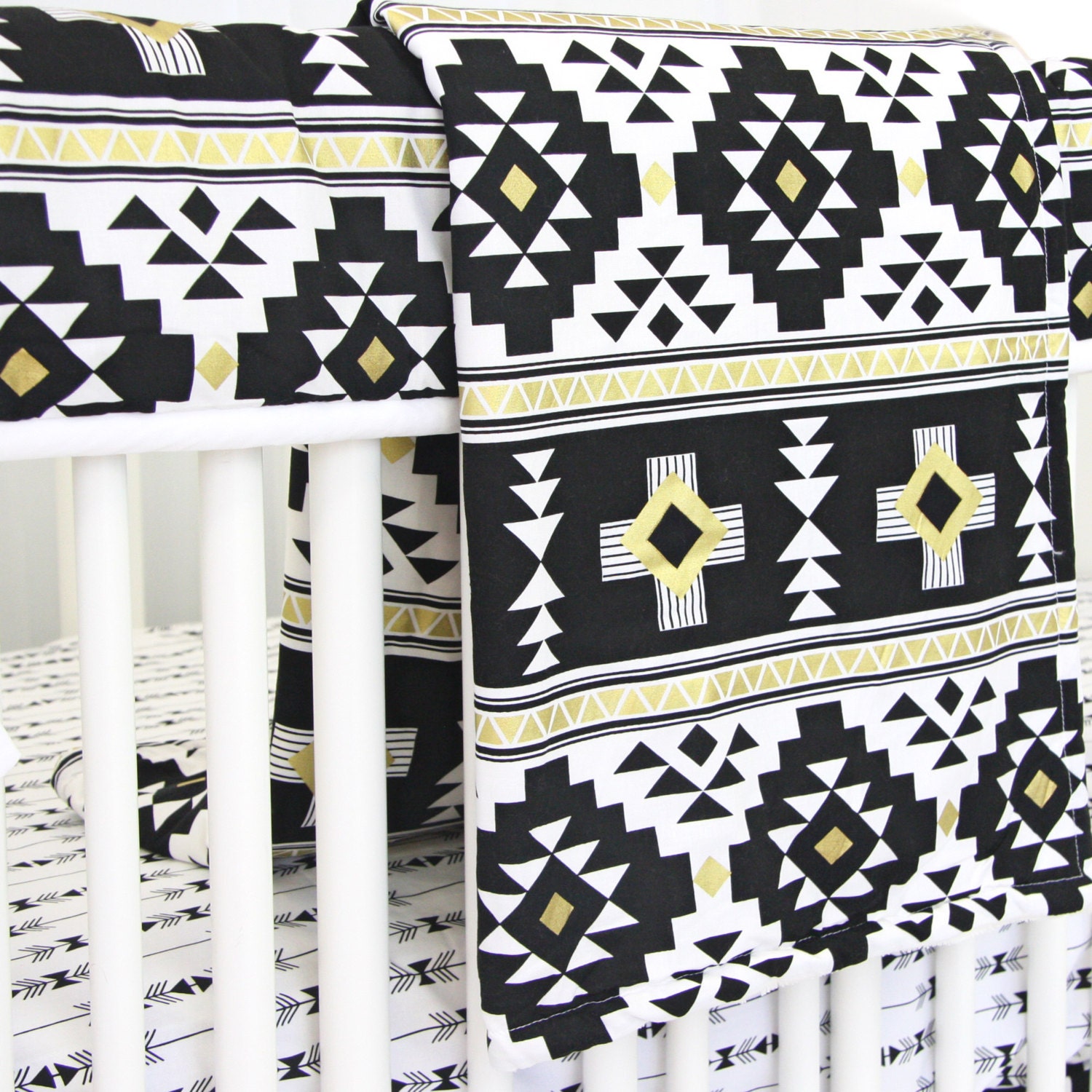 Black & Gold Aztec Crib Bumpers Black and by CadenLaneBabyBedding