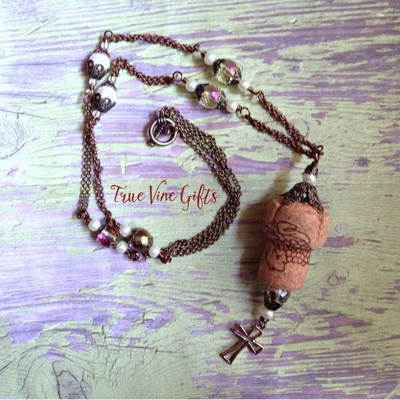 Wine Cork Necklace in Brass with Pearls by TrueVineGifts on Etsy