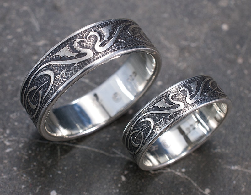 Dragon Wedding Ring Set Silver Celtic Wedding Bands Unique
