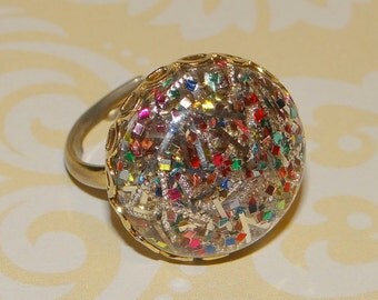 Vintage Sarah Coventry Gold Tone Confetti Ring Adjustable Size