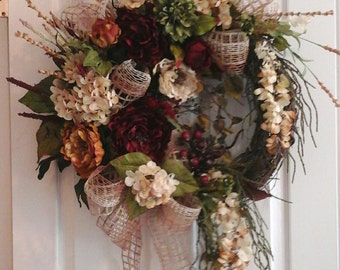 Winter Wreath, SHIPPING INCLUDED, Elegant Designer Luxury Grapevine Tuscan Peony Wreath, Large Silk Floral Wall, Door Arrangement, Wreath
