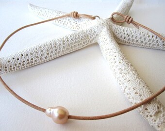 Pink Pearl and Leather Choker, Leather and Pearl Necklace, Leather Choker, Pearl and Leather Choker, Sterling Silver and Pearl, Pearl Choker