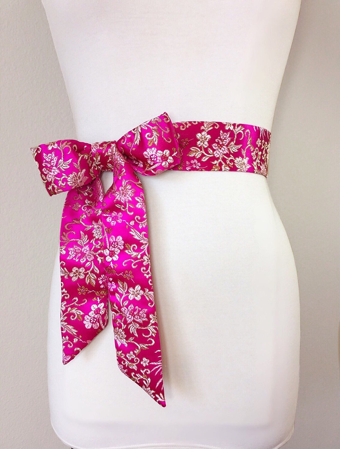 Hot Pink Sash in Asian Brocade, Pink Floral Sash in Gold Satin Brocade