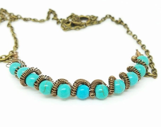 Turquoise brass necklace, turquoise coil wire wrapping brass necklace, turquoise boho necklace, bohemia necklace, Bohemian Necklace
