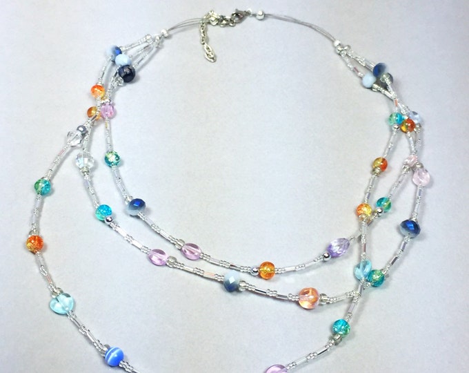 Multicolored necklace, color necklace, triple strand necklace, crystal necklace, beaded necklace, summer necklace