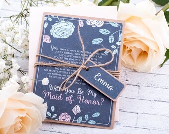 Maid of Honor Card Asking Maid of Honor, Bridesmaids Proposal, Floral Chalkboard Will You Be My Maid Of Honor Card