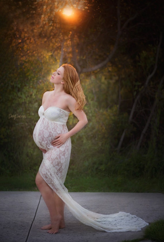Cream Lace Maternity Gown with Rhinestone Maternity Dress