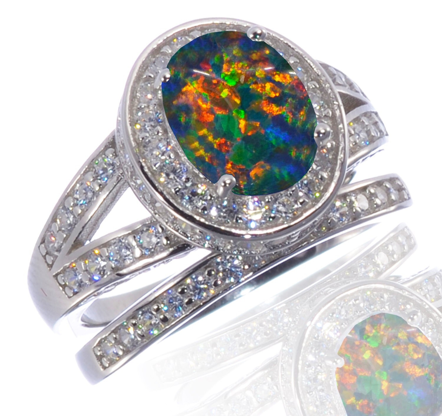 Oval Cut Black Fire Opal Engagement Wedding Half Eternity