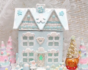 OOAK Gingerbread House Medium Lighted Pastel Aqua Bottlebrush Tree