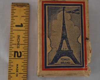 Old Tower Brand Carpet Tack Cardboard Box - Eiffel Tower with Airplane Illustration - 1/4 lb. box - Tower Manufacturing Co Madison Indiana
