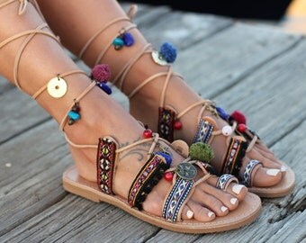 Greek Sandals. Tie up Gladiator Leather Sandals. Boho Style. Greek Genuine Leather Handmade Sandals. "Athena"