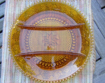 Amber Tiara Glass Divided Plate Appetizer Dish Relish Tray Sandwich Glass 1970s