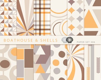 GEOMETRIC DESIGN in orange and brown, 12 Scrapbooking digital paper - circles, swirls, dots, plaid, triangle - download - printable - 306