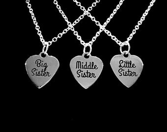 Sister Gift, Little Sister Big Sister Middle Sister Necklace, Gift Heart Sisters Charm Necklace Set