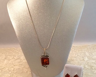 Amber and Sterling Silver Necklace and Pierced Earring Demi Set