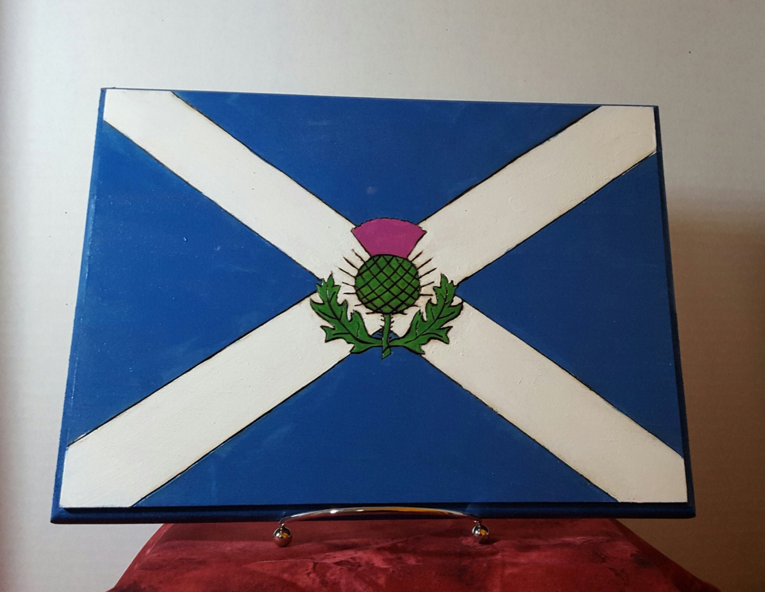 Scottish Flag With Thistle Burned and Painted on Basswood