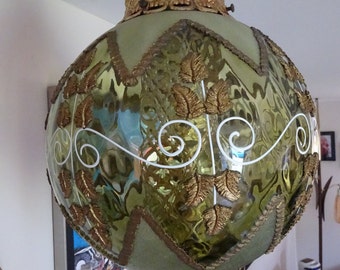 Vintage 1960's, 70's Hollywood Regency Green & Gold Hanging Swag Lamp FREE SHIPPING