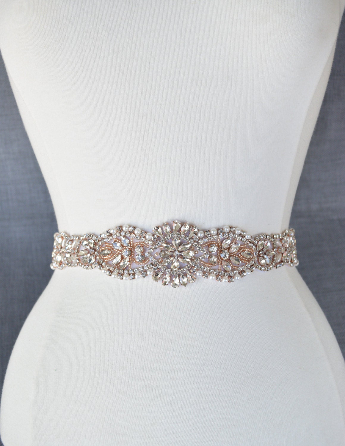 Rose Gold Crystal Rhinestone Bridal Belt on Satin Sash