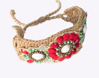 Adjustable cord bracelet crochet woven cuff bracelet jeweled flowers boho bracelet bohemian jewelry flower bracelet