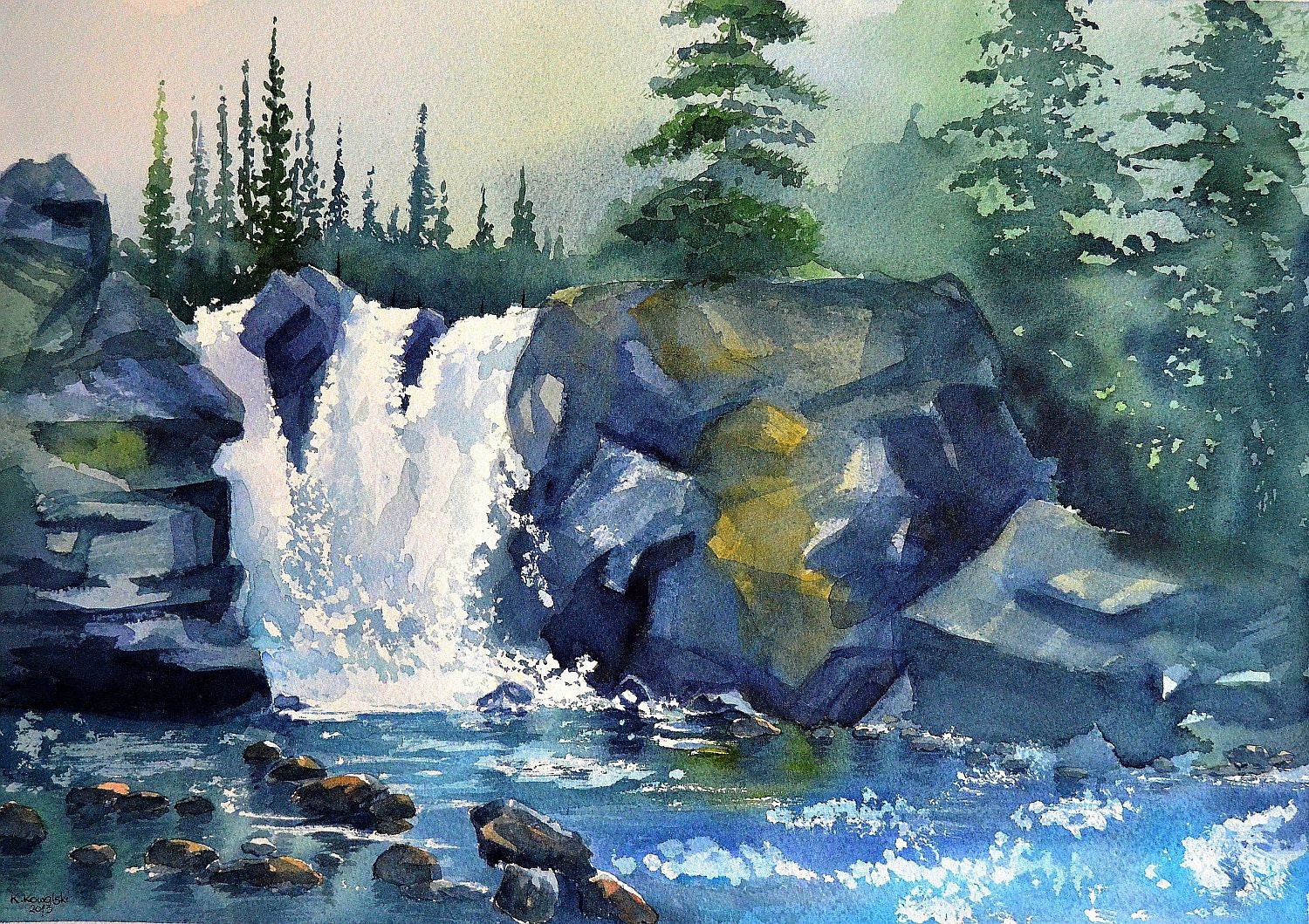 Waterfall ORIGINAL Watercolor Painting Landscape Watercolor   Il Fullxfull.908338028 Ii4i 