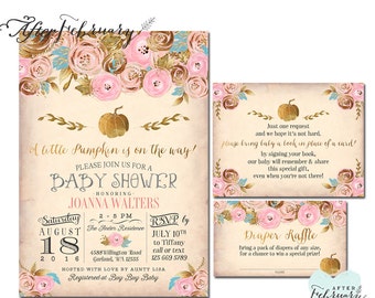 3-Piece Gold and Pink Pumpkin Baby Shower Invitation + Book Insert + Diaper Raffle Girl Baby Shower Little Pumpkin Printable No.1271BABY
