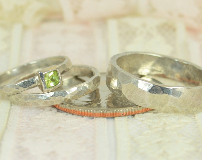 Square Peridot Engagement Ring, 14k White Gold, Peridot Wedding Ring Set, Rustic Wedding Ring Set, August Birthstone, Solid Gold, Peridot