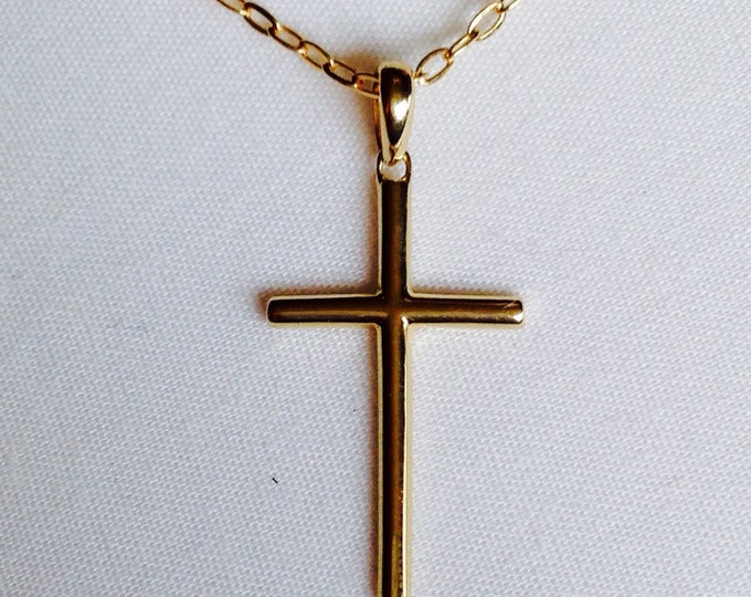 Storewide 25% Off SALE Vintage 14k Yellow Gold Single Cross Pendant With Gold Tone Chain Designer Necklace Featuring Modern Finish