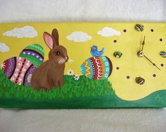 Easter Bunny Clock and Original Acrylic Painting on 7 X 14 Inch Canvas