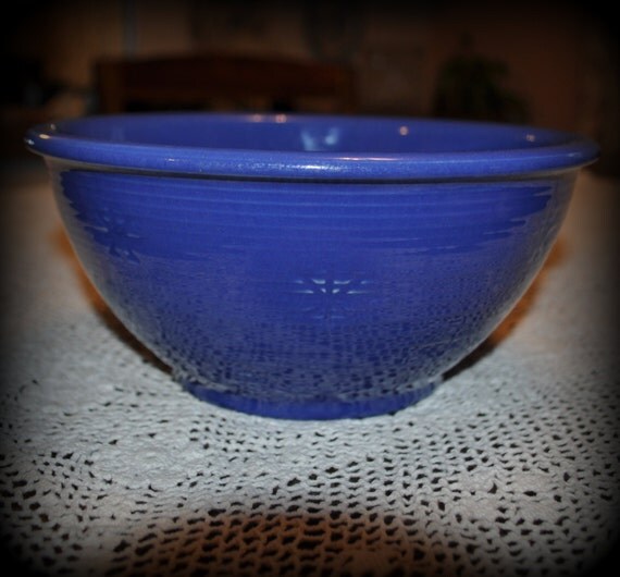 Vintage USA Pottery Cobalt Blue Mixing Bowl with Snowflakes