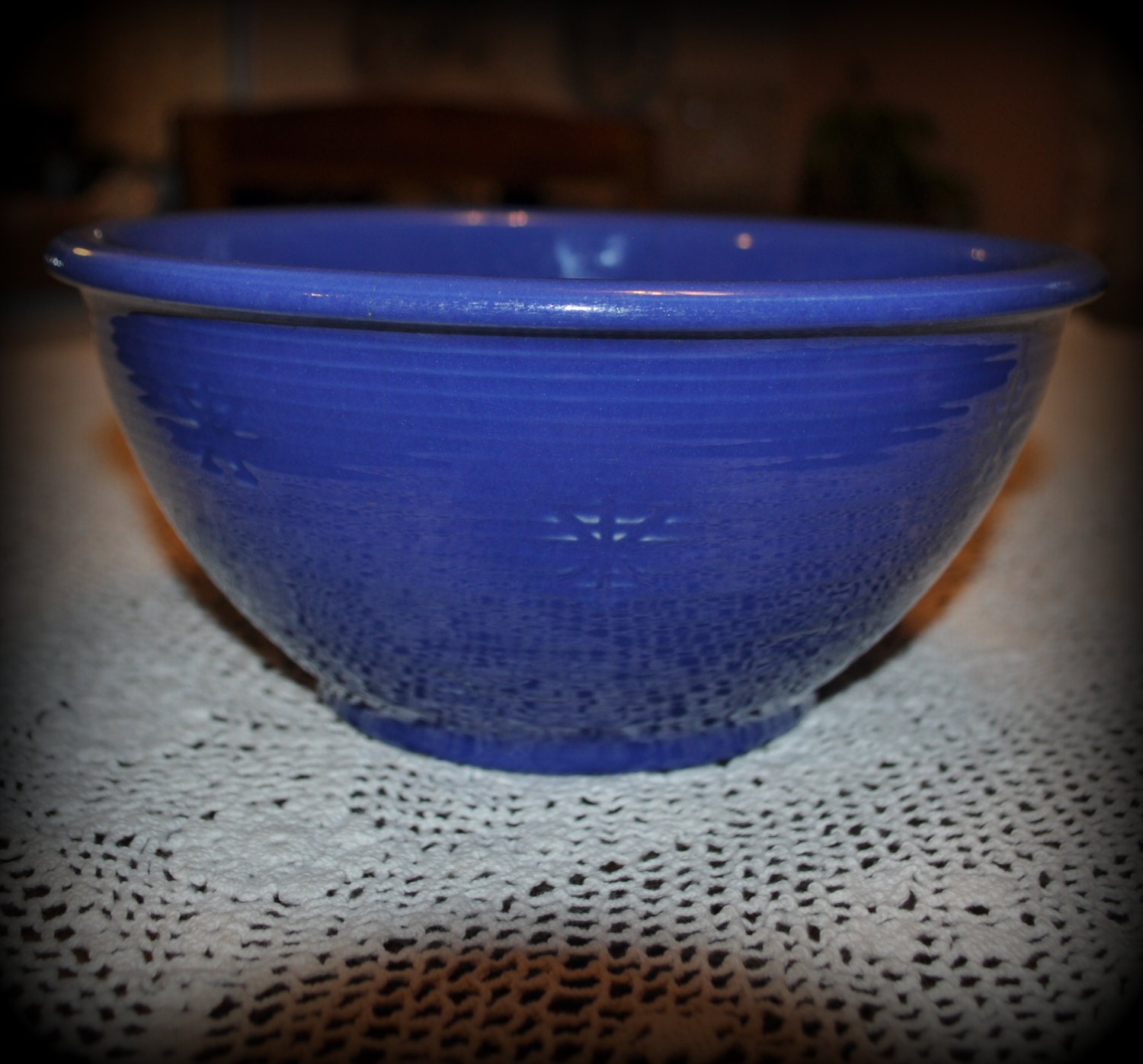 Vintage USA Pottery Cobalt Blue Mixing Bowl with Snowflakes