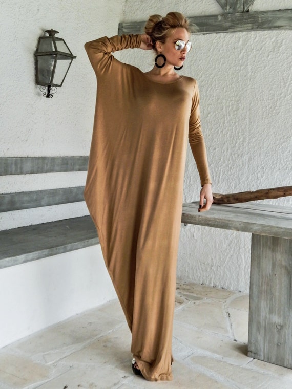 Camel Taupe Dress Kaftan with Nude See-Through by SynthiaCouture