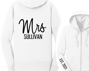 Personalized MRS. with Last Name and Heart {EST. Year on Arm} Fleece Full-Zip Hoodie, Mrs. Hoodie, Bride Jacket, Wifey Sweatshirt | #1333