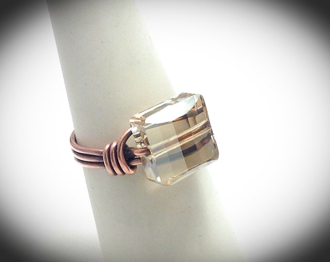 Copper wire ring with square cut swavorski Crystal in light topaz