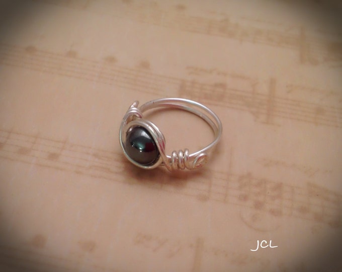 Wire wrapped ring silver ring with hematite focal