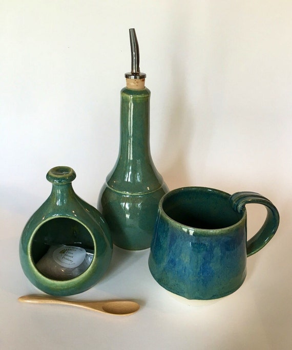 olive oil cruet oil cruet pottery green gloss by FernStreetPottery