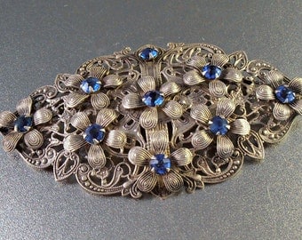 Victorian Sash Pin Brooch, Sapphire Blue Rhinestone, Art Nouveau Flowers