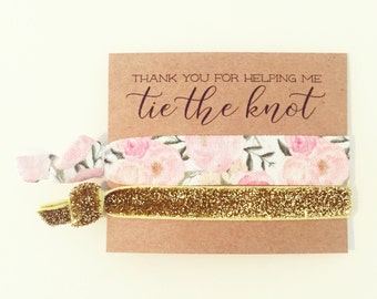 Hair Tie Bridesmaid Gift | Pink Floral + Gold Glitter Hair Tie Favors, Light Pink Floral Hair Tie Bridal Shower Favors, Blush Roses Peonies